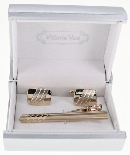 Plain Cufflinks & Tie Bar Set with Gold Setting in a Box by Vittorio Vico (CLTB-510) for Independent Retail Stores by Dubal Brothers