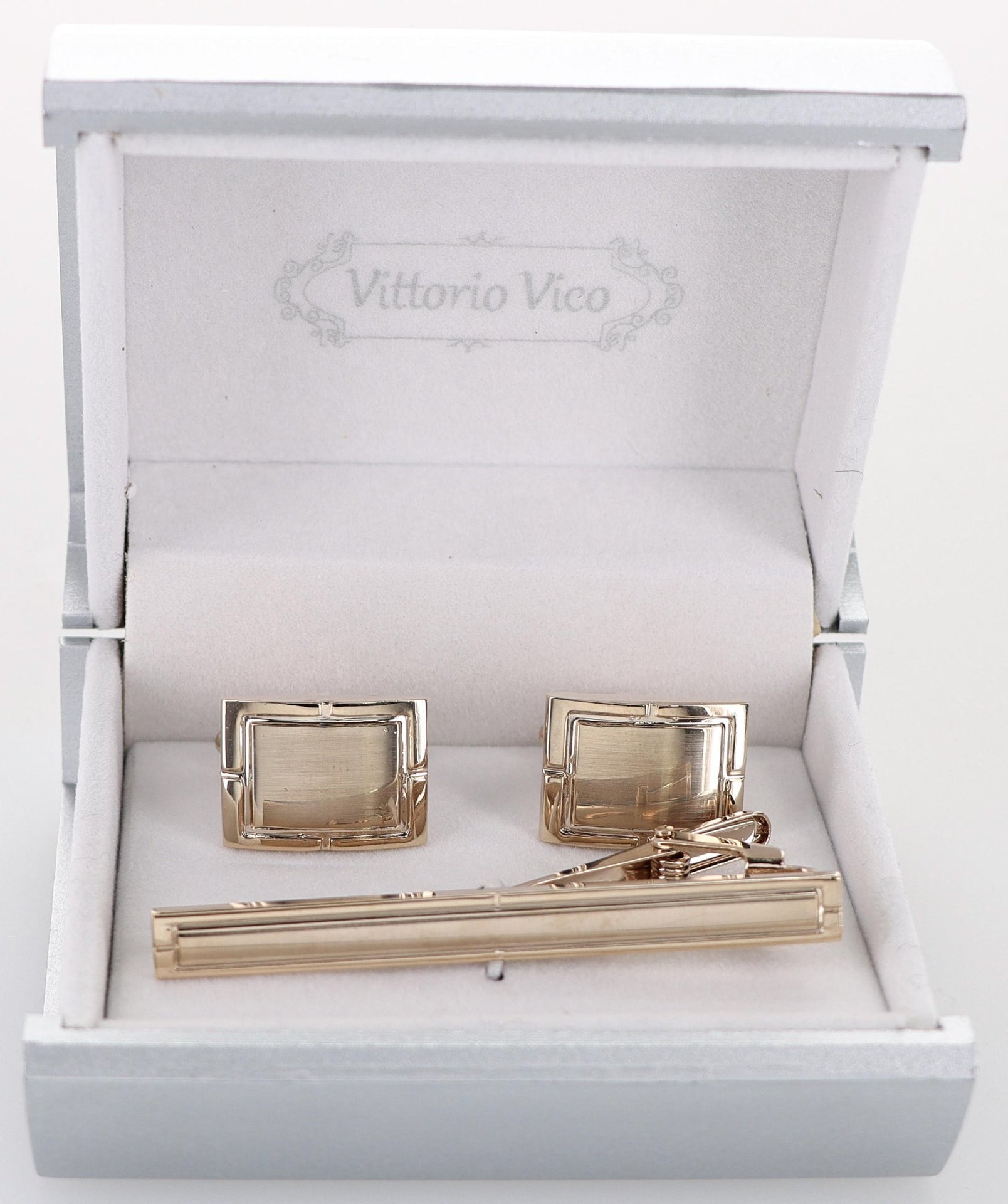 Plain Cufflinks & Tie Bar Set with Gold Setting in a Box by Vittorio Vico (CLTB-530) for Independent Retail Stores by Dubal Brothers
