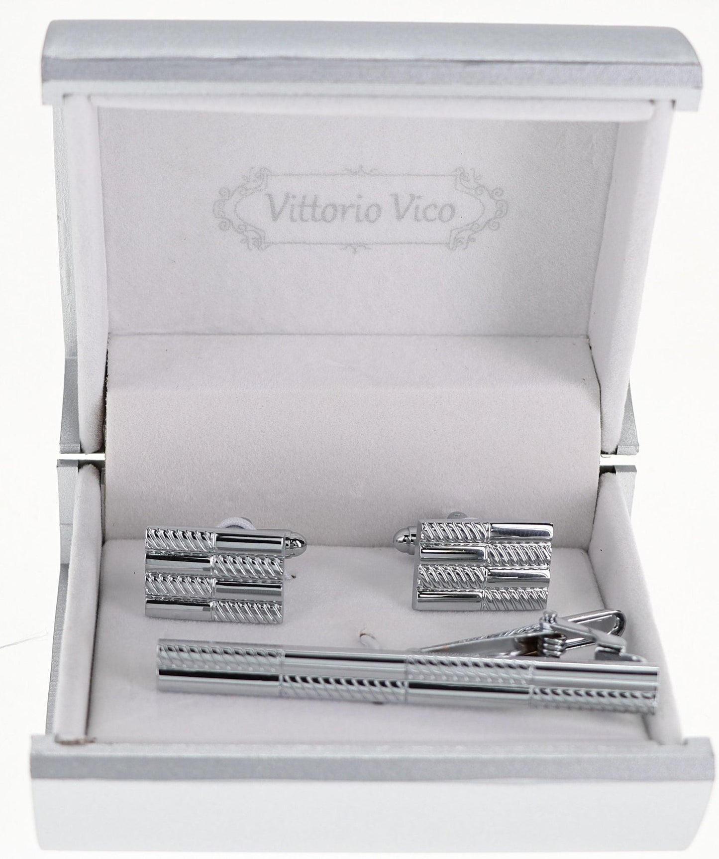 Plain Cufflinks & Tie Bar Set with Silver Setting in a Box by Vittorio Vico (CLTB-505) for Independent Retail Stores by Dubal Brothers