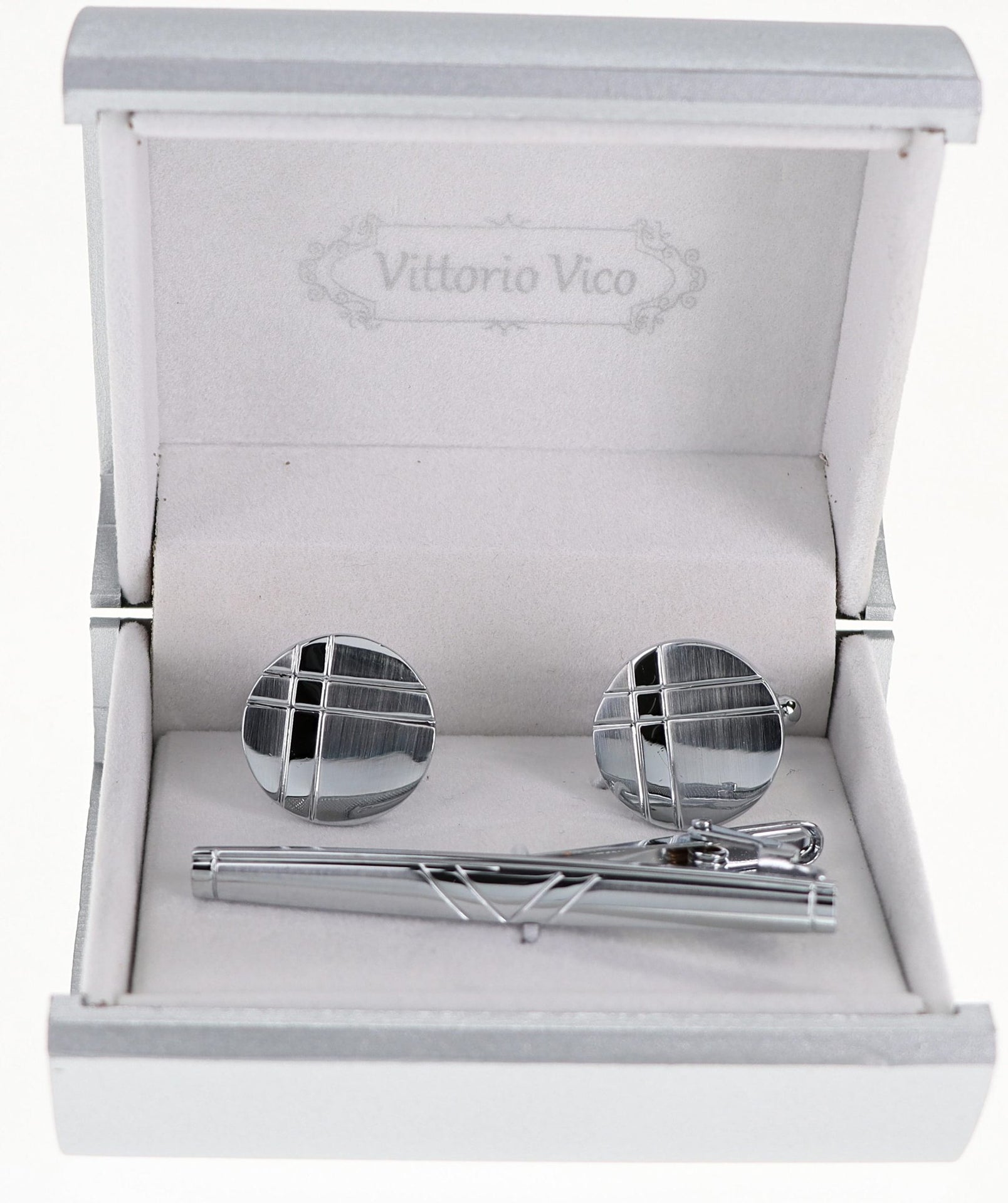 Plain Cufflinks & Tie Bar Set with Silver Setting in a Box by Vittorio Vico (CLTB-507) for Independent Retail Stores by Dubal Brothers