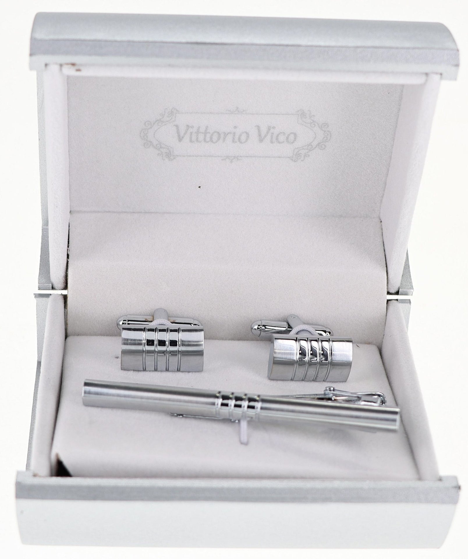 Plain Cufflinks & Tie Bar Set with Silver Setting in a Box by Vittorio Vico (CLTB-509) for Independent Retail Stores by Dubal Brothers