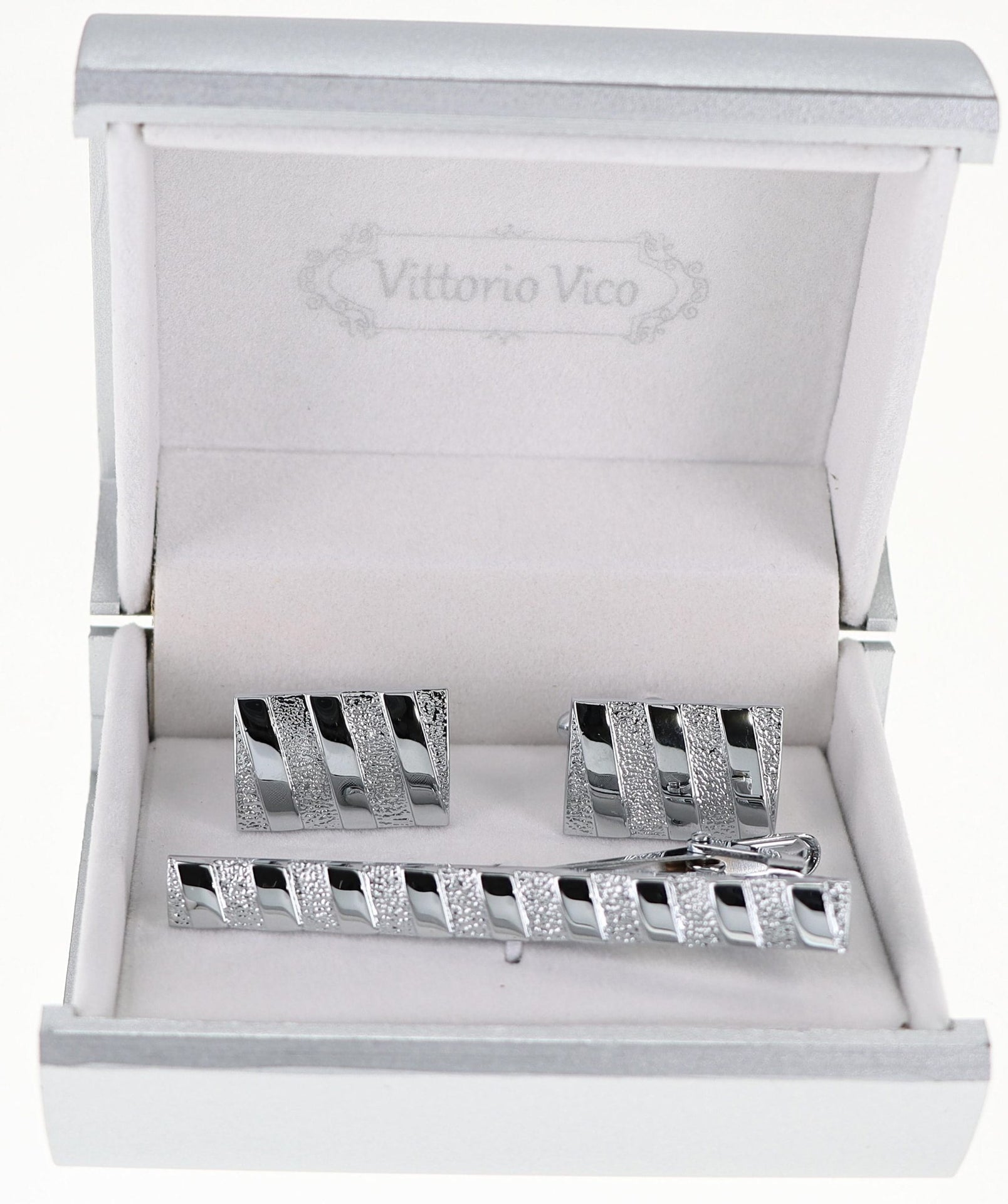 Plain Cufflinks & Tie Bar Set with Silver Setting in a Box by Vittorio Vico (CLTB-513) for Independent Retail Stores by Dubal Brothers