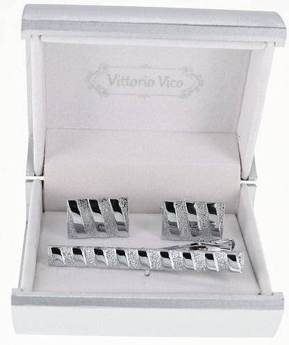 Plain Cufflinks & Tie Bar Set with Silver Setting in a Box by Vittorio Vico (CLTB-513) for Independent Retail Stores by Dubal Brothers
