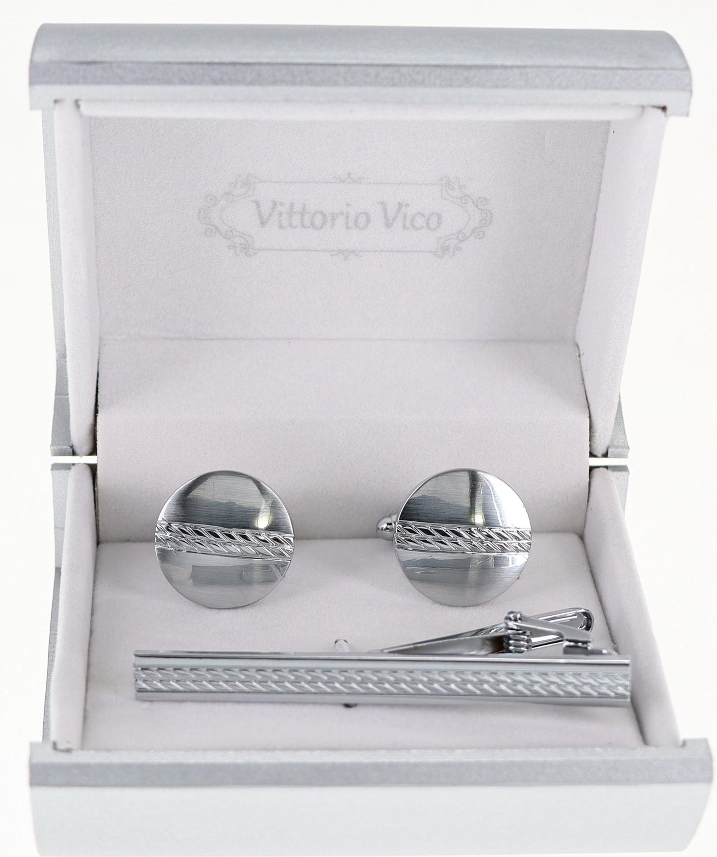 Plain Cufflinks & Tie Bar Set with Silver Setting in a Box by Vittorio Vico (CLTB-517) for Independent Retail Stores by Dubal Brothers