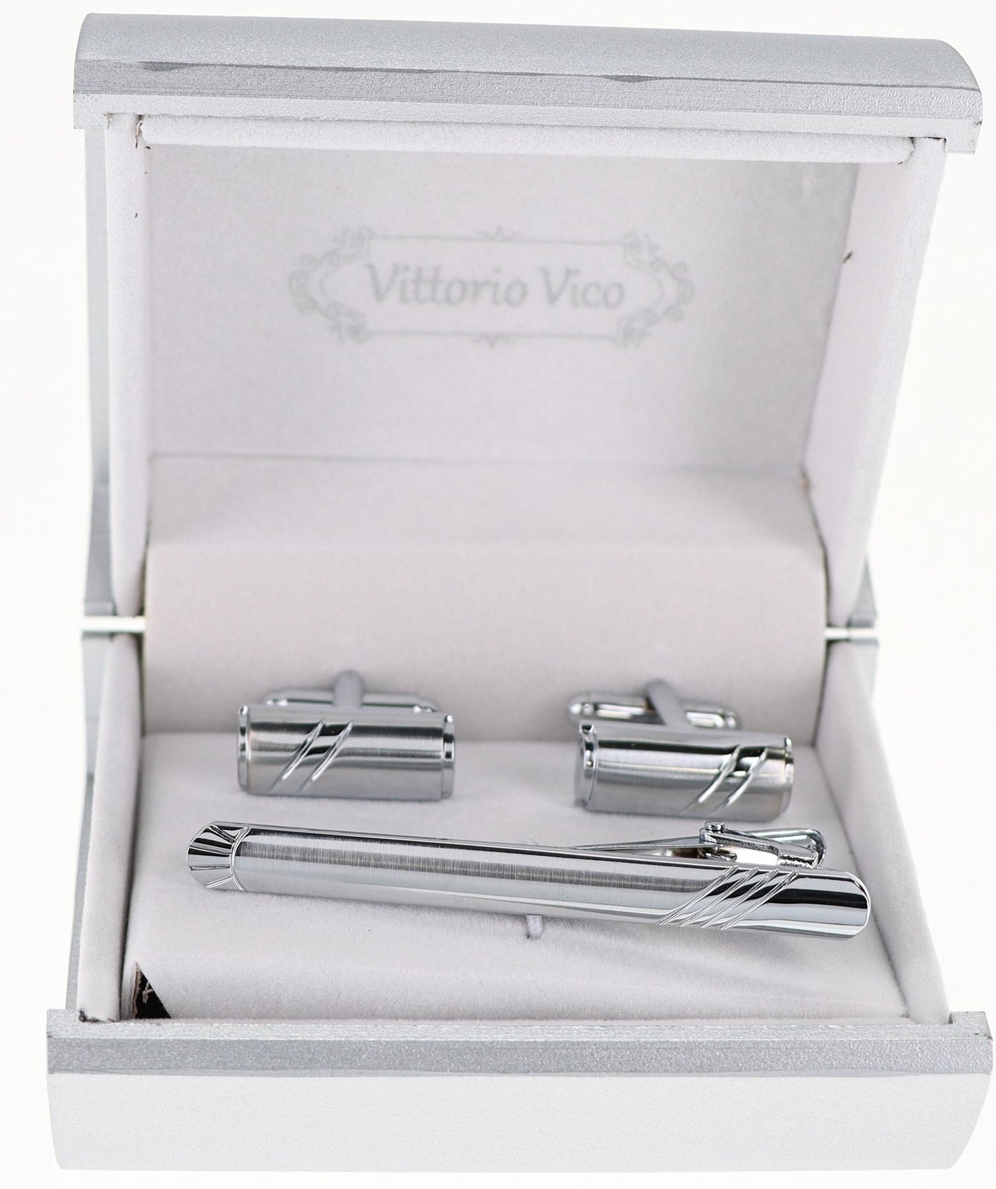 Plain Cufflinks & Tie Bar Set with Silver Setting in a Box by Vittorio Vico (CLTB-519) for Independent Retail Stores by Dubal Brothers
