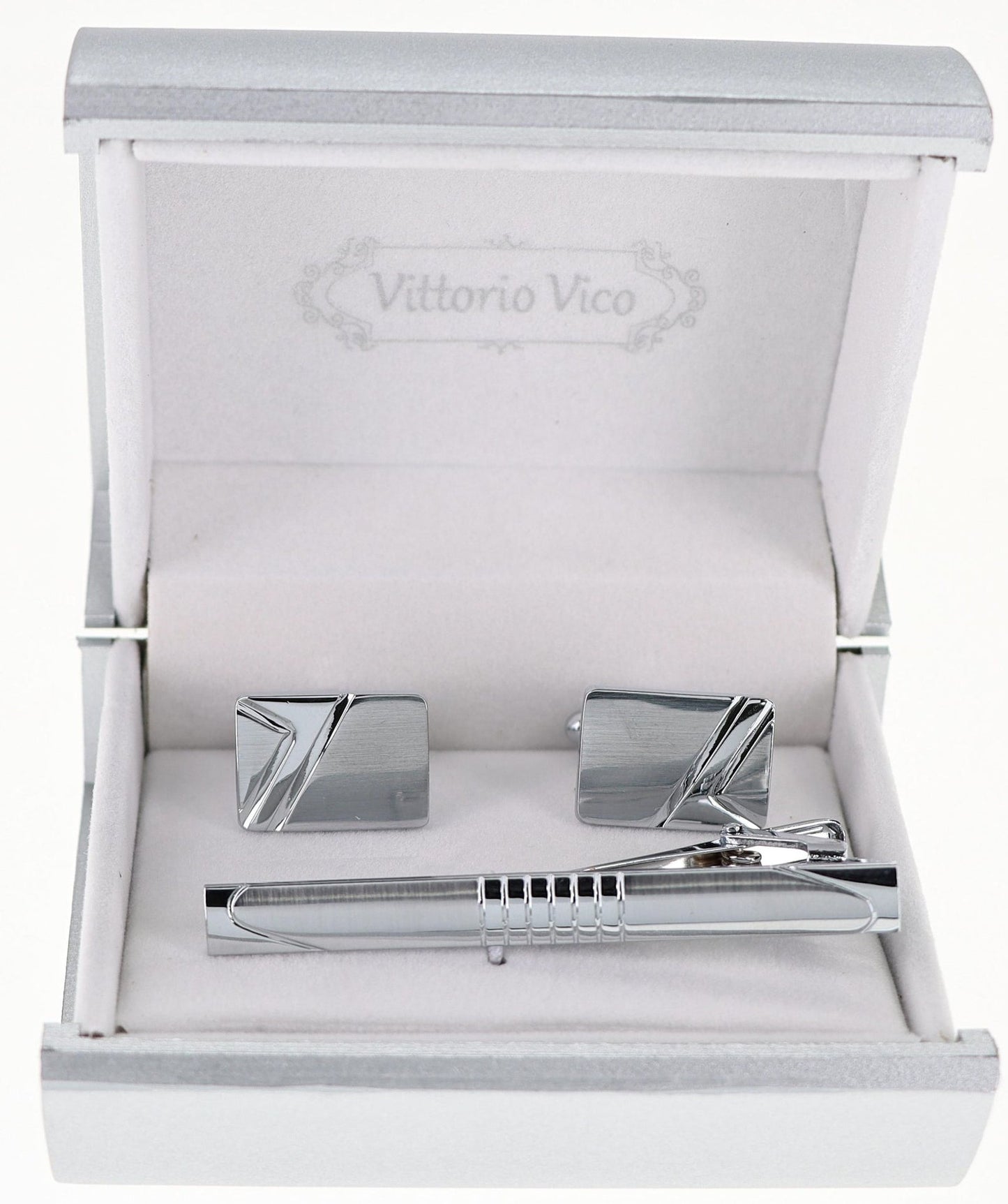 Plain Cufflinks & Tie Bar Set with Silver Setting in a Box by Vittorio Vico (CLTB-521) for Independent Retail Stores by Dubal Brothers
