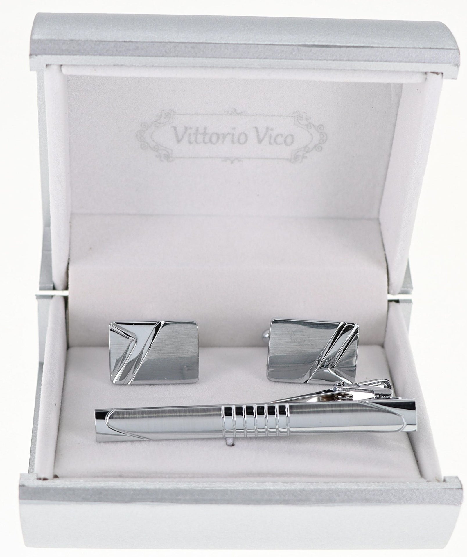 Plain Cufflinks & Tie Bar Set with Silver Setting in a Box by Vittorio Vico (CLTB-521) for Independent Retail Stores by Dubal Brothers