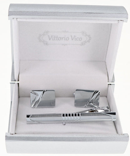 Plain Cufflinks & Tie Bar Set with Silver Setting in a Box by Vittorio Vico (CLTB-521) for Independent Retail Stores by Dubal Brothers