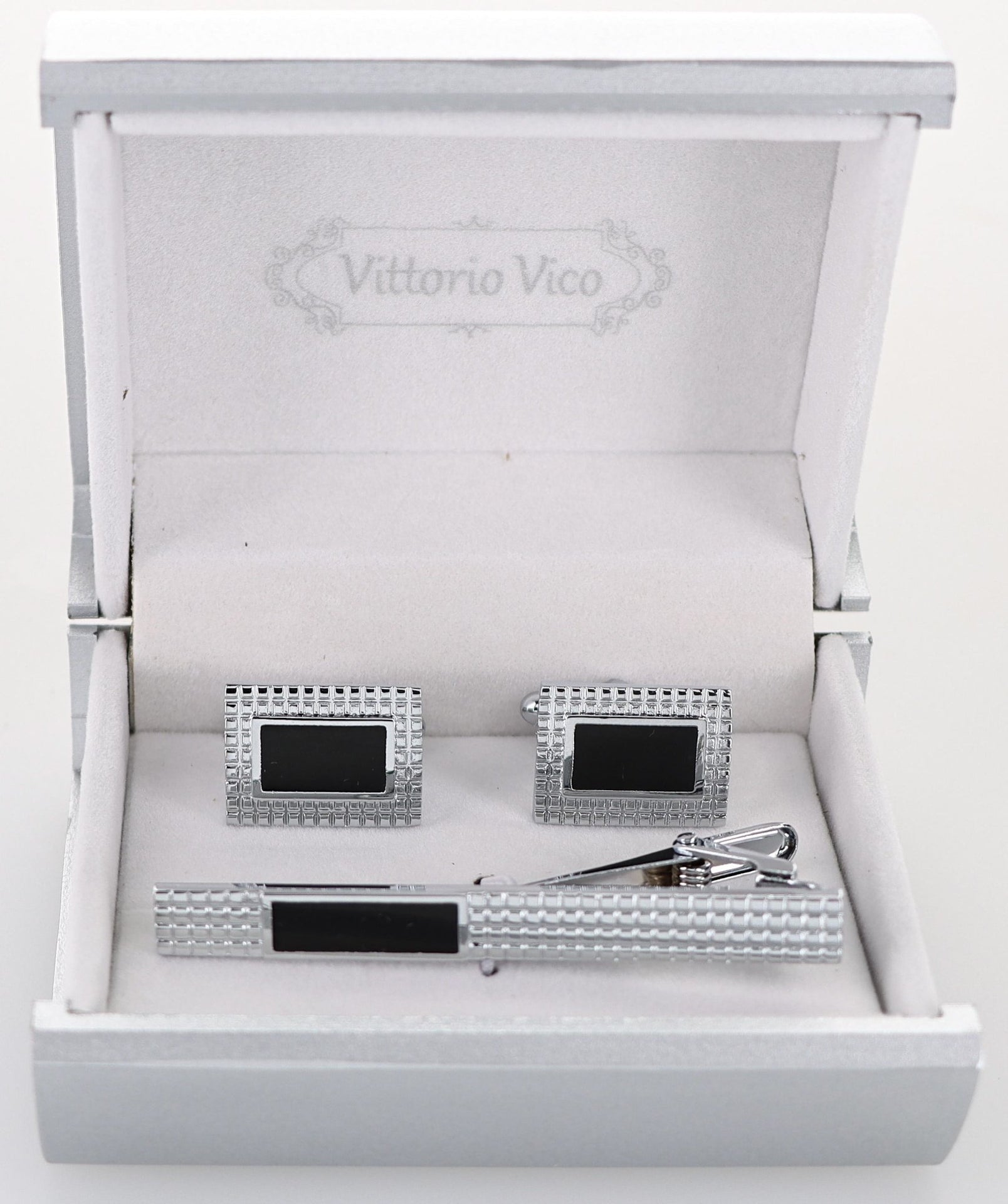 Plain Cufflinks & Tie Bar Set with Silver Setting in a Box by Vittorio Vico (CLTB-529) for Independent Retail Stores by Dubal Brothers