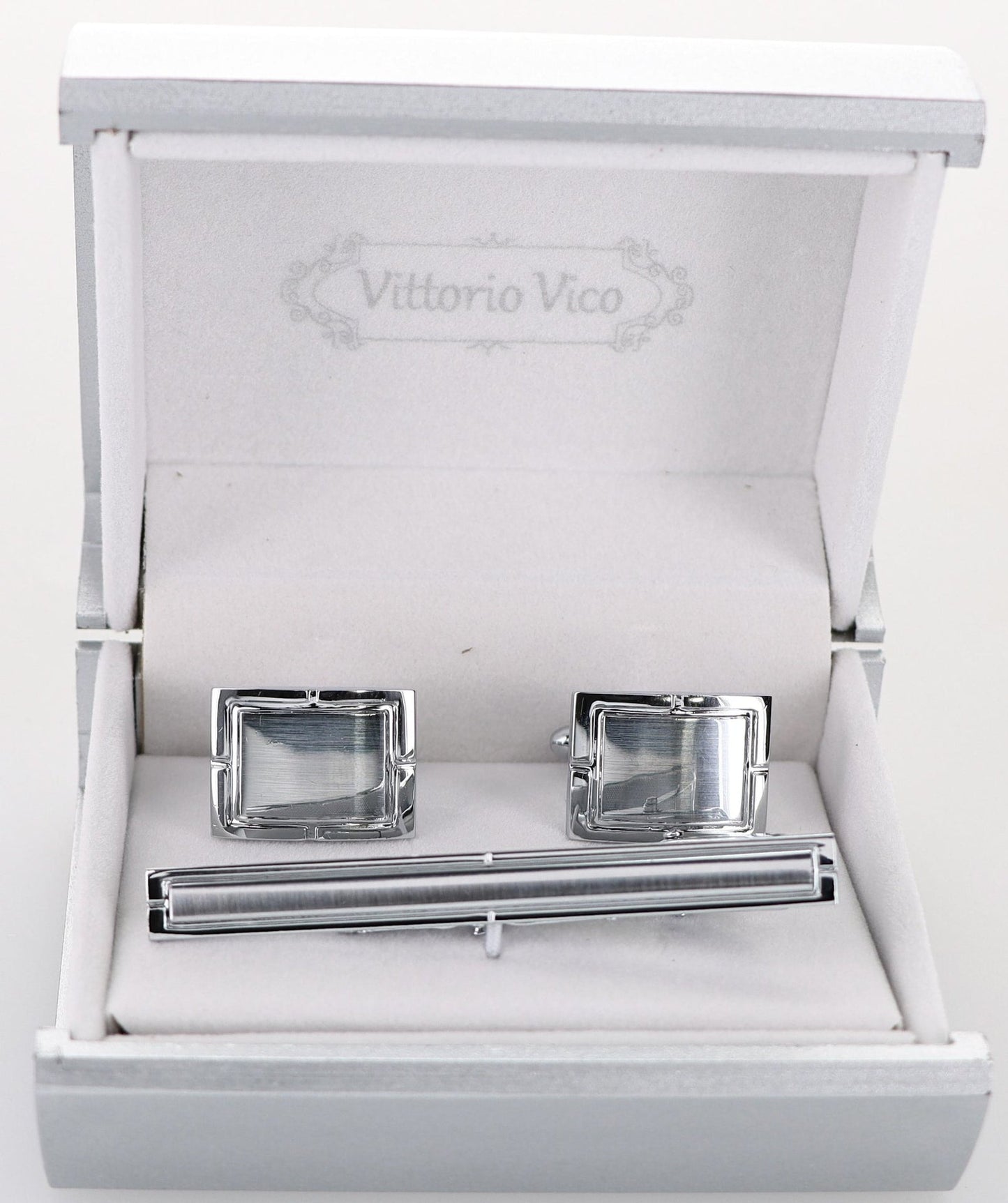 Plain Cufflinks & Tie Bar Set with Silver Setting in a Box by Vittorio Vico (CLTB-531) for Independent Retail Stores by Dubal Brothers