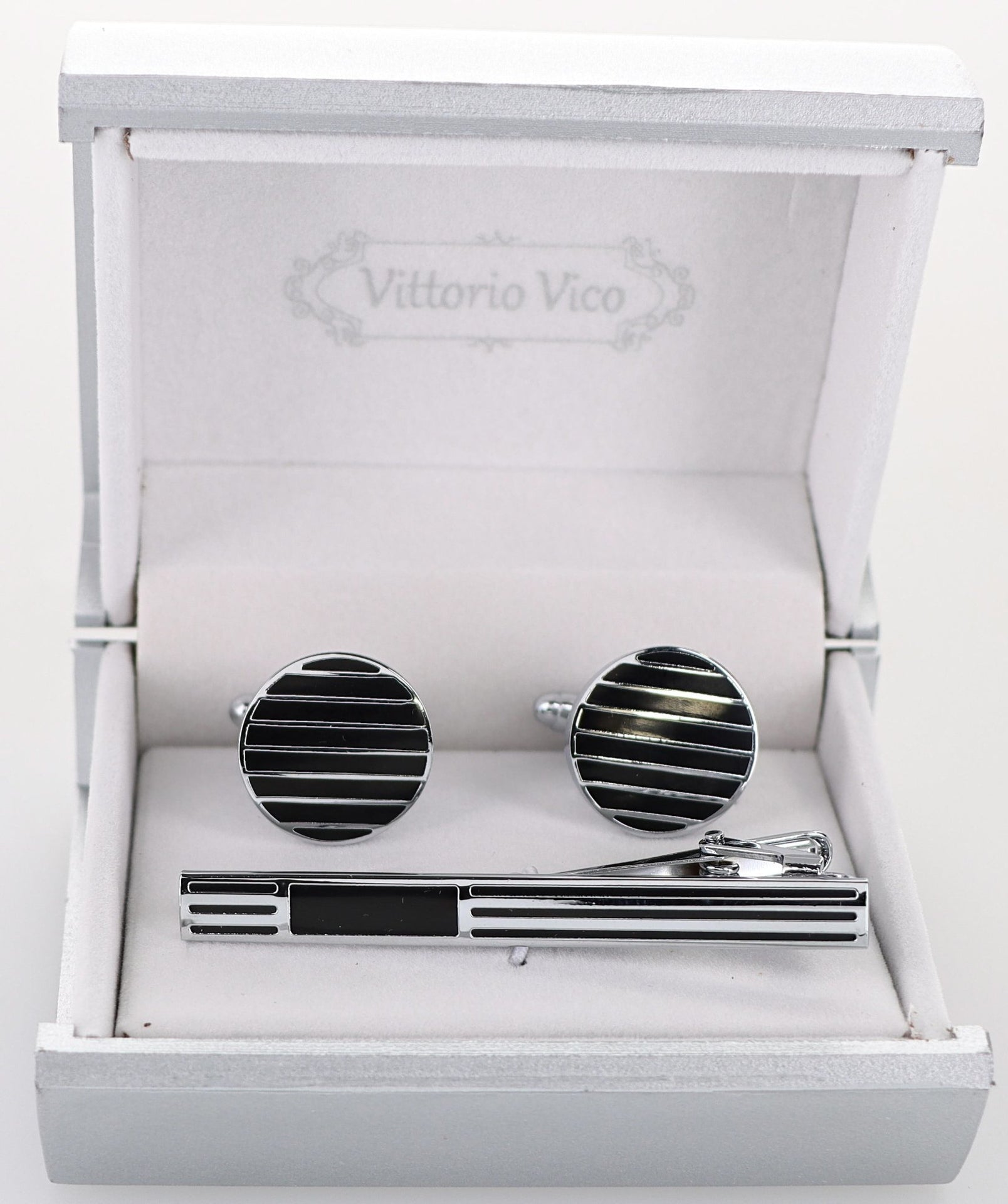 Plain Cufflinks & Tie Bar Set with Silver Setting in a Box by Vittorio Vico (CLTB-533) for Independent Retail Stores by Dubal Brothers