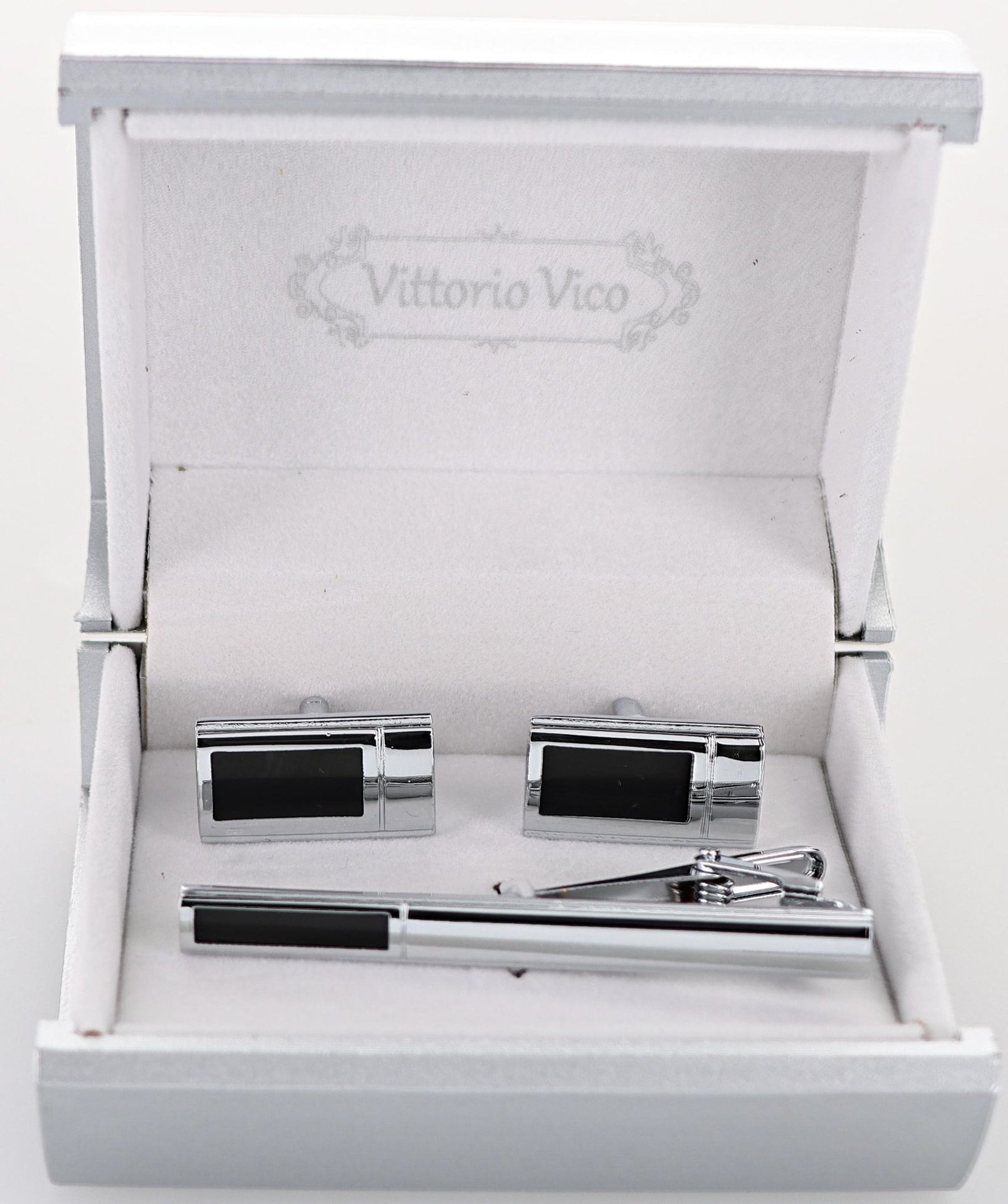 Plain Cufflinks & Tie Bar Set with Silver Setting in a Box by Vittorio Vico (CLTB-535) for Independent Retail Stores by Dubal Brothers