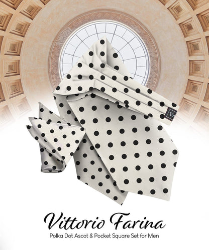 Polka Dot Ascot & Pocket Square by Vittorio Farina (ASCOTS - PD_IVORY_BLACK) for Independent Retail Stores by Dubal Brothers