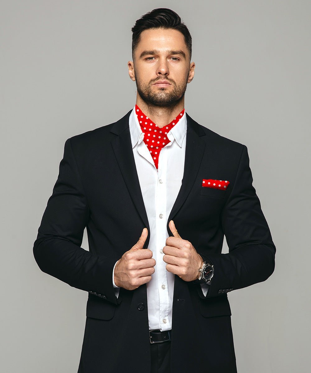 Polka Dot Ascot & Pocket Square by Vittorio Farina (ASCOTS - PD_RED_WHITE) for Independent Retail Stores by Dubal Brothers