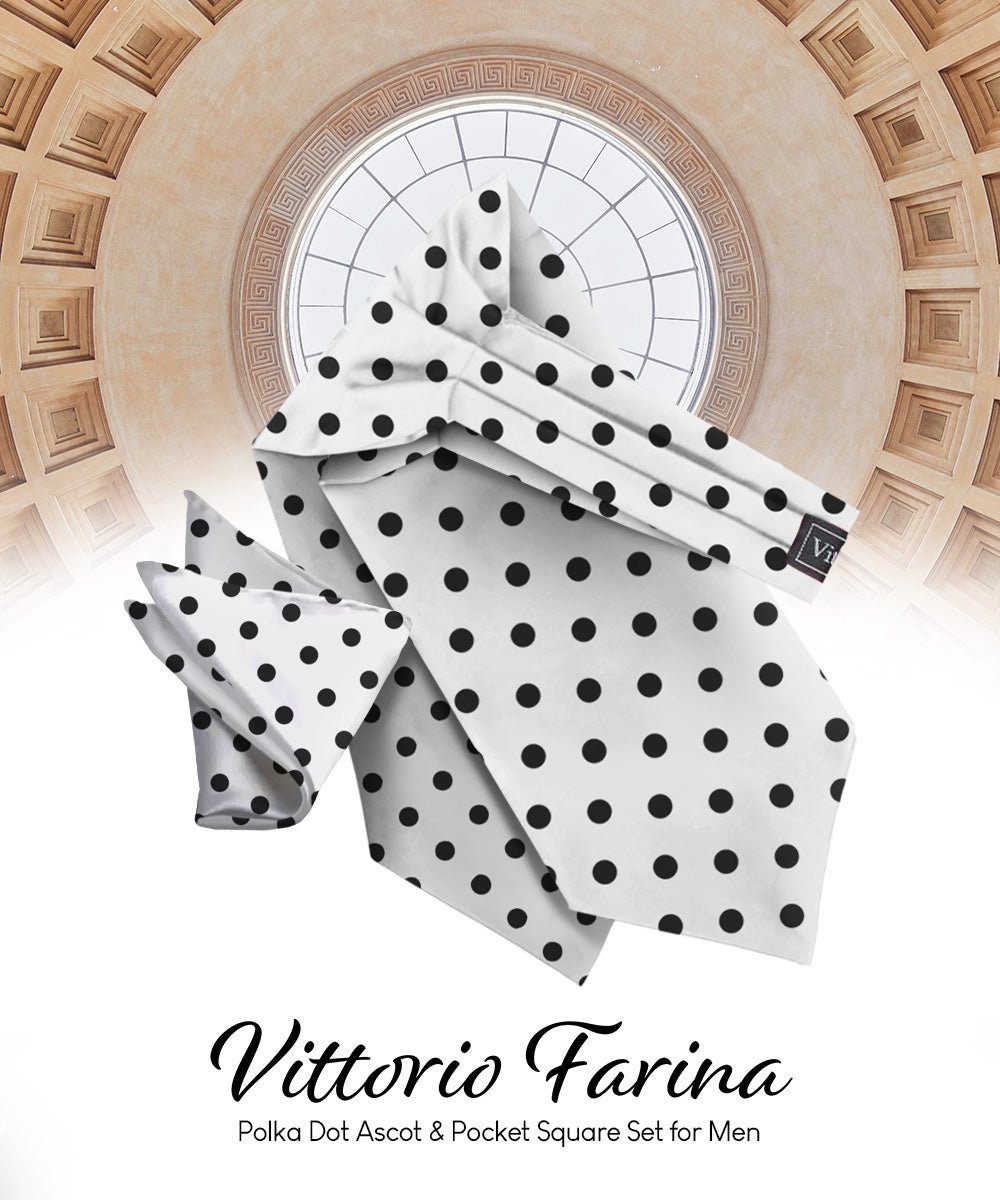 Polka Dot Ascot & Pocket Square by Vittorio Farina (ASCOTS - PD_WHITE_BLACK) for Independent Retail Stores by Dubal Brothers
