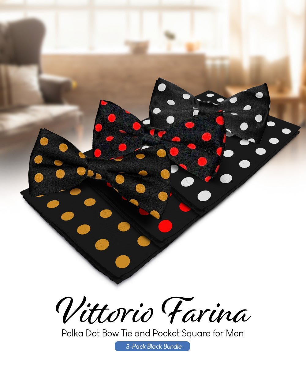 Polka Dot Bow Tie & Pocket Square in a Box (Multipacks) by Vittorio Farina - Black and Gold/Black and Red/Black and White - Wholesale Bow Tie & Pocket Square by Dubal Brothers