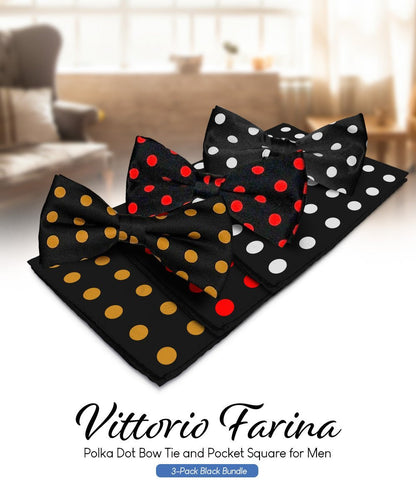 Polka Dot Bow Tie & Pocket Square in a Box (Multipacks) by Vittorio Farina - Black and Gold/Black and Red/Black and White - Wholesale Bow Tie & Pocket Square by Dubal Brothers