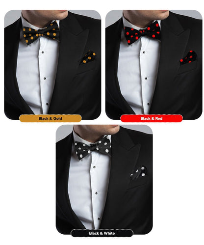 Polka Dot Bow Tie & Pocket Square in a Box (Multipacks) by Vittorio Farina - Black and Gold/Black and Red/Black and White - Wholesale Bow Tie & Pocket Square by Dubal Brothers