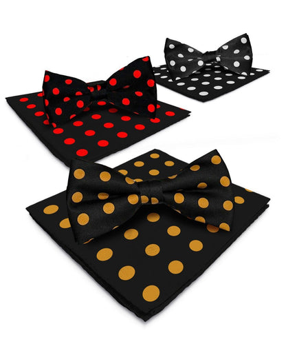 Polka Dot Bow Tie & Pocket Square in a Box (Multipacks) by Vittorio Farina - Black and Gold/Black and Red/Black and White - Wholesale Bow Tie & Pocket Square by Dubal Brothers