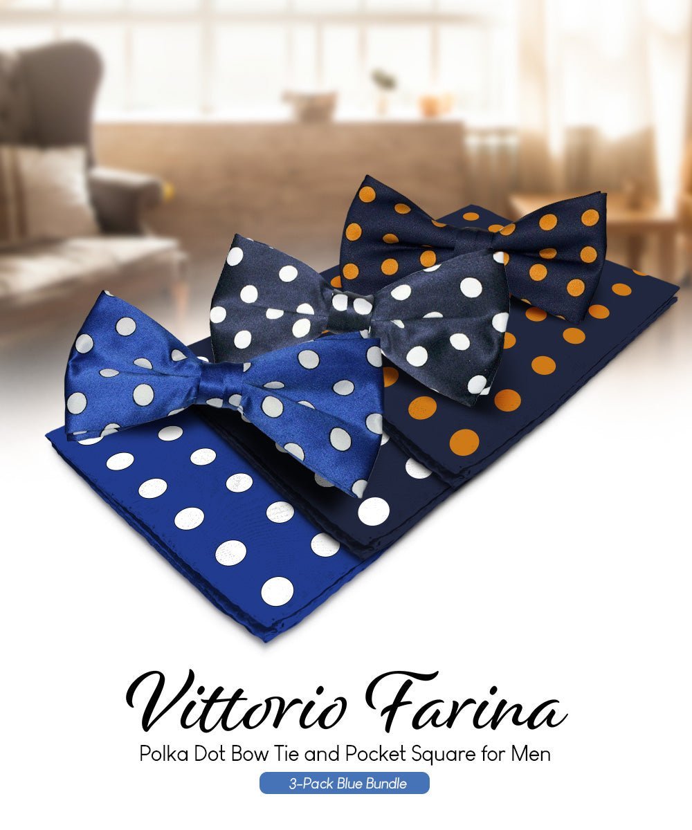 Polka Dot Bow Tie & Pocket Square in a Box (Multipacks) by Vittorio Farina - Royal Blue and White/Navy Blue and White/Navy Blue and Gold - Wholesale Bow Tie & Pocket Square by Dubal Brothers