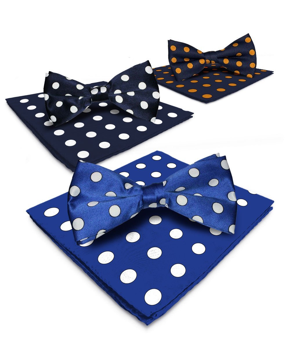 Polka Dot Bow Tie & Pocket Square in a Box (Multipacks) by Vittorio Farina - Royal Blue and White/Navy Blue and White/Navy Blue and Gold - Wholesale Bow Tie & Pocket Square by Dubal Brothers
