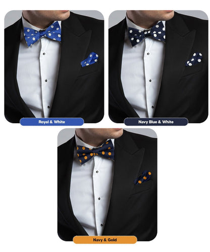 Polka Dot Bow Tie & Pocket Square in a Box (Multipacks) by Vittorio Farina - Royal Blue and White/Navy Blue and White/Navy Blue and Gold - Wholesale Bow Tie & Pocket Square by Dubal Brothers