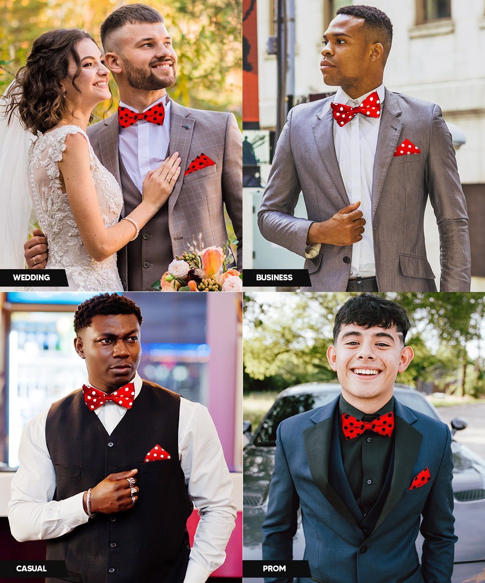 Polka Dot Bow Tie & Pocket Square in a Box (Multipacks) by Vittorio Farina - Red and Black/Red and Black/Red and White - Wholesale Bow Tie & Pocket Square by Dubal Brothers