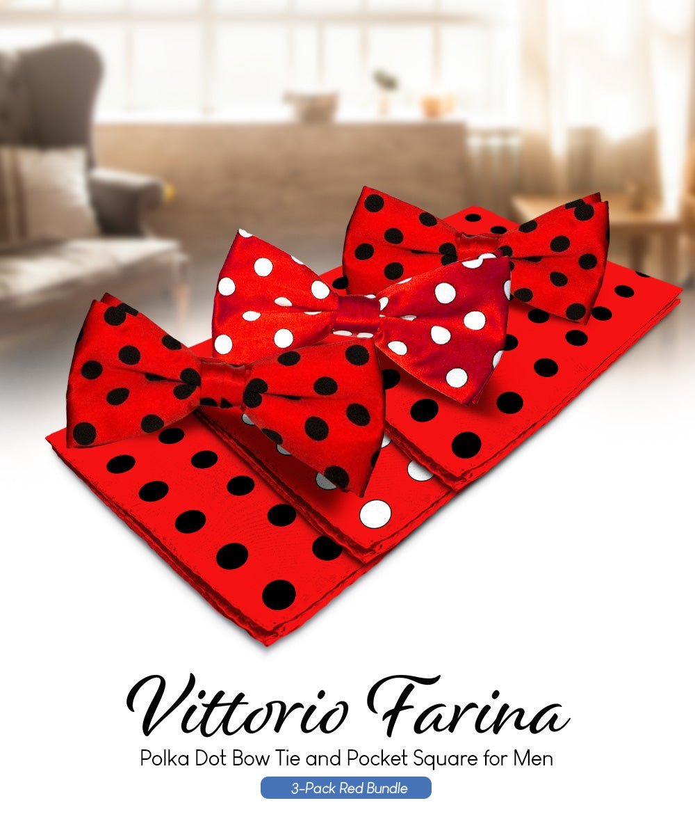 Polka Dot Bow Tie & Pocket Square in a Box (Multipacks) by Vittorio Farina - Red and Black/Red and Black/Red and White - Wholesale Bow Tie & Pocket Square by Dubal Brothers
