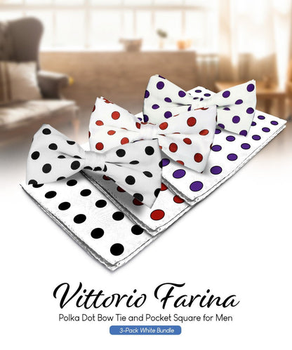 Polka Dot Bow Tie & Pocket Square in a Box (Multipacks) by Vittorio Farina - White and Black/White and Red/White and Purple - Wholesale Bow Tie & Pocket Square by Dubal Brothers