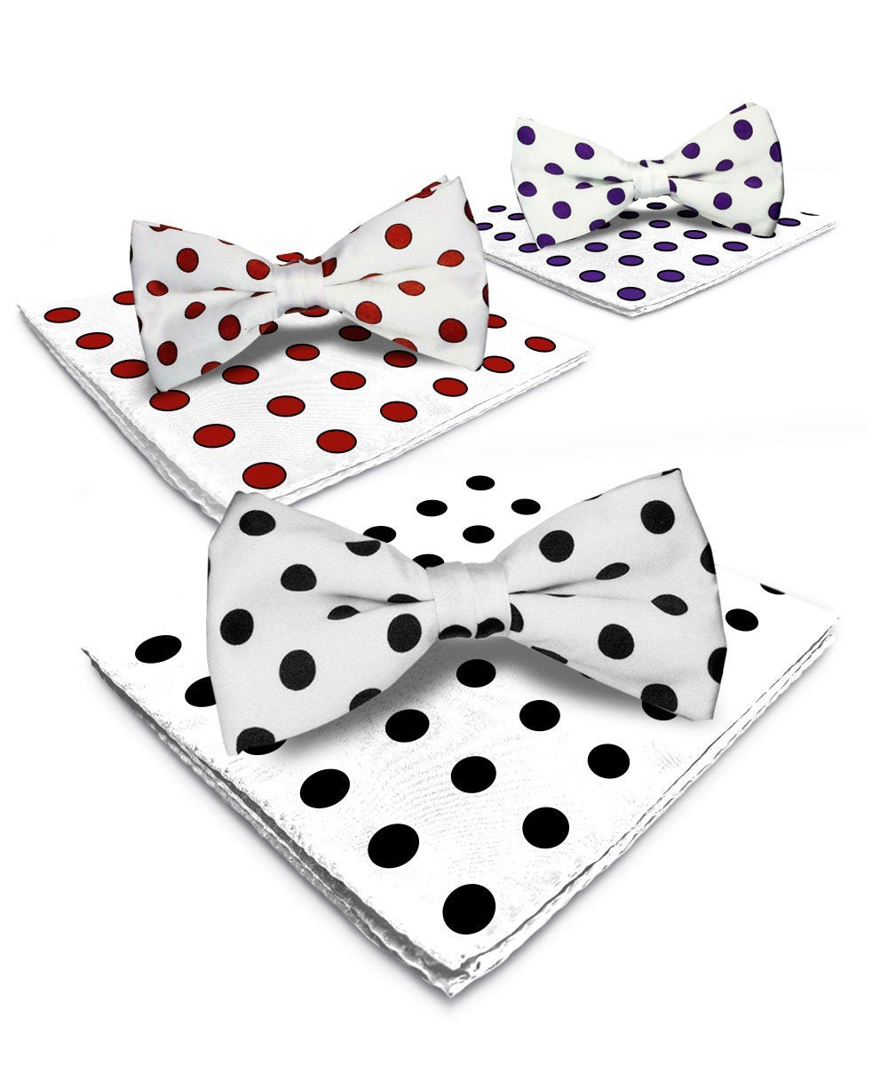 Polka Dot Bow Tie & Pocket Square in a Box (Multipacks) by Vittorio Farina - White and Black/White and Red/White and Purple - Wholesale Bow Tie & Pocket Square by Dubal Brothers
