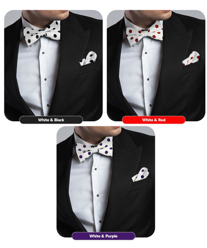 Polka Dot Bow Tie & Pocket Square in a Box (Multipacks) by Vittorio Farina - White and Black/White and Red/White and Purple - Wholesale Bow Tie & Pocket Square by Dubal Brothers
