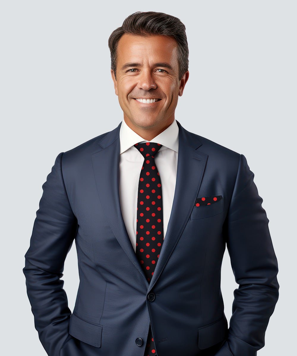 Polka Dot Necktie & Pocket Square by Vittorio Farina (NH - PD_03_RED_BLACK) for Independent Retail Stores by Dubal Brothers