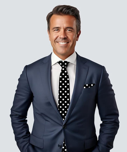 Polka Dot Necktie & Pocket Square by Vittorio Farina (NH - PD_05_WHITE_BLACK) for Independent Retail Stores by Dubal Brothers