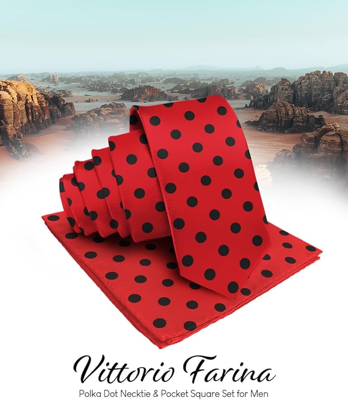 Polka Dot Necktie & Pocket Square by Vittorio Farina (NH - PD_08_BLACK_RED) for Independent Retail Stores by Dubal Brothers