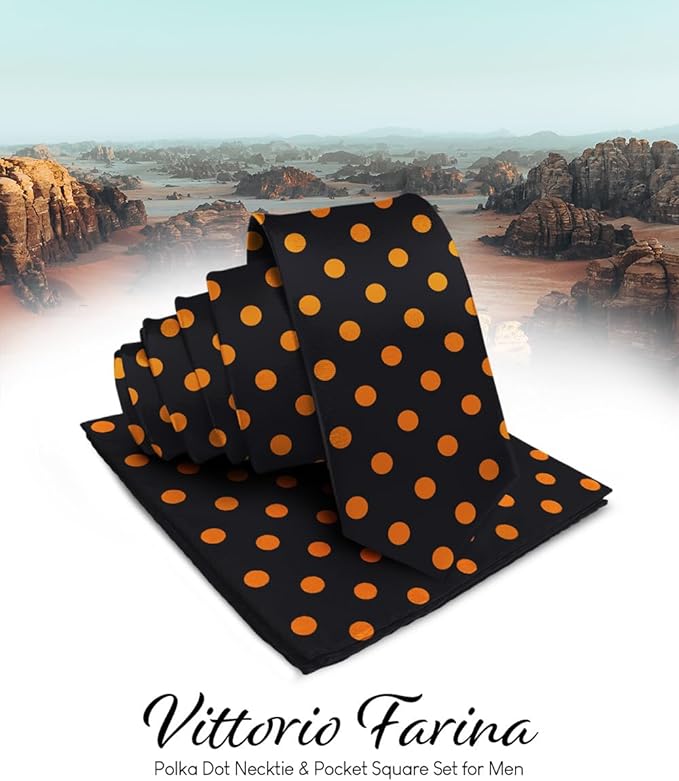 Polka Dot Necktie & Pocket Square by Vittorio Farina (NH - PD_10_GOLD_BLACK) for Independent Retail Stores by Dubal Brothers