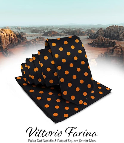 Polka Dot Necktie & Pocket Square by Vittorio Farina (NH - PD_10_GOLD_BLACK) for Independent Retail Stores by Dubal Brothers