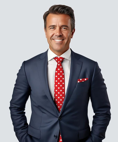 Polka Dot Necktie & Pocket Square by Vittorio Farina (NH - PD_11_WHITE_RED) for Independent Retail Stores by Dubal Brothers