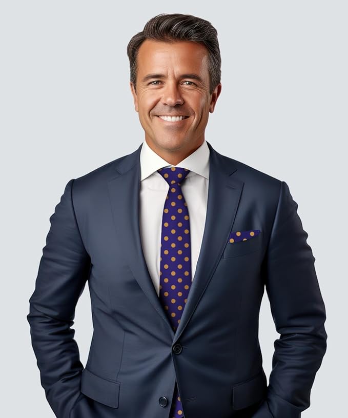 Polka Dot Necktie & Pocket Square by Vittorio Farina (NH - PD_12_GOLD_PURPLE) for Independent Retail Stores by Dubal Brothers