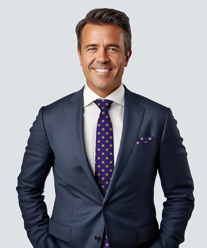 Polka Dot Necktie & Pocket Square by Vittorio Farina (NH - PD_12_GOLD_PURPLE) for Independent Retail Stores by Dubal Brothers