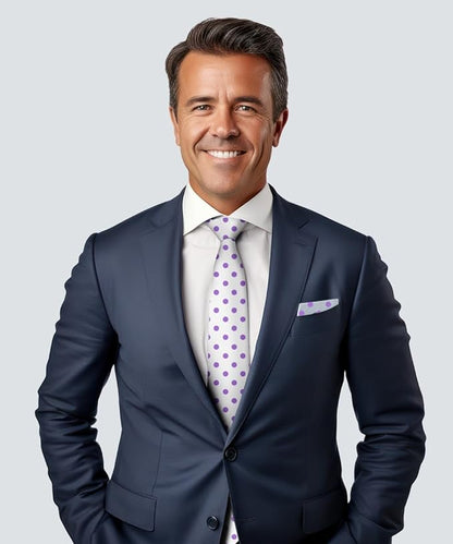 Polka Dot Necktie & Pocket Square by Vittorio Farina (NH - PD_14_PURPLE_WHITE) for Independent Retail Stores by Dubal Brothers