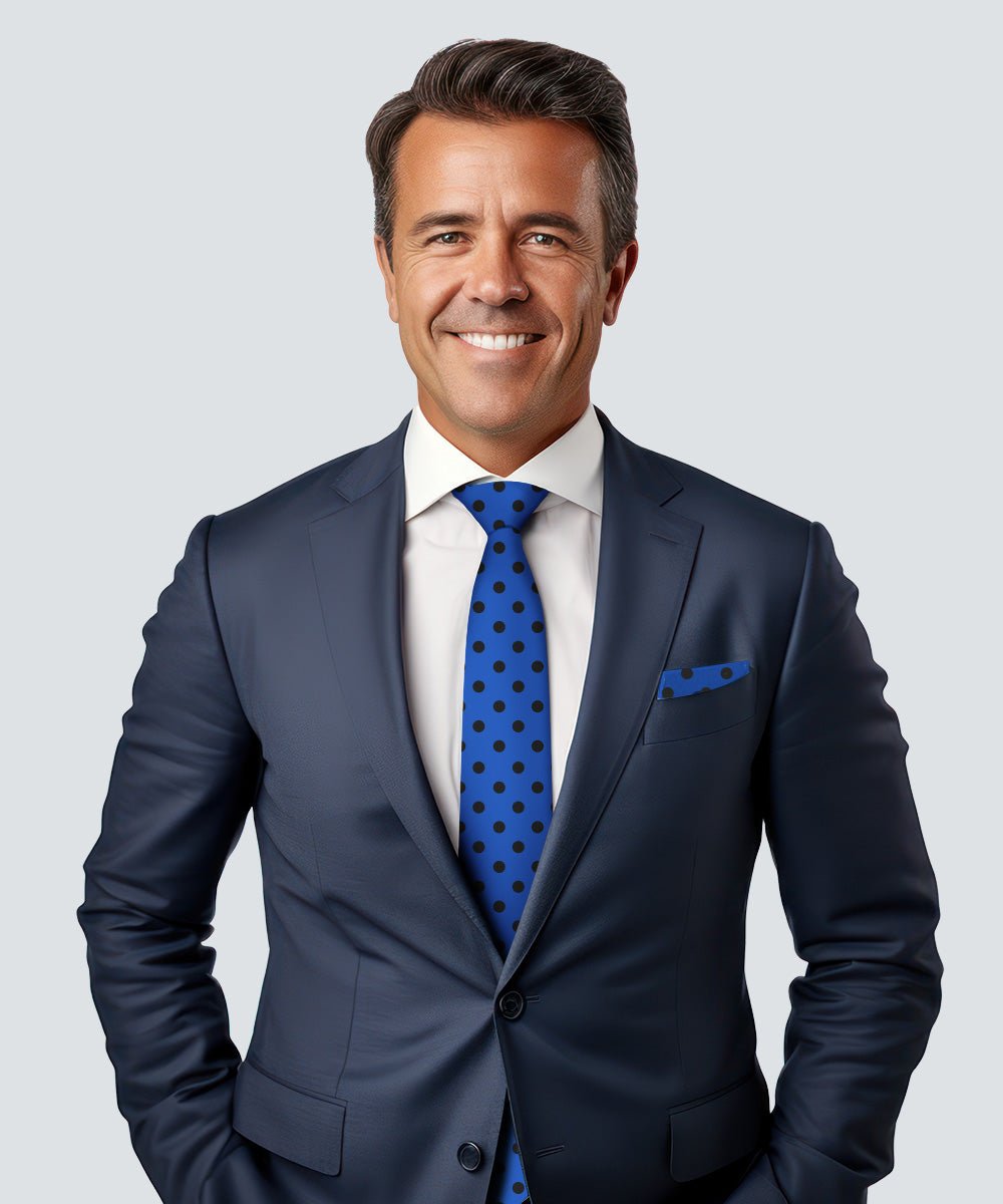 Polka Dot Necktie & Pocket Square by Vittorio Farina (NH - PD_18_BLACK_ROYAL) for Independent Retail Stores by Dubal Brothers