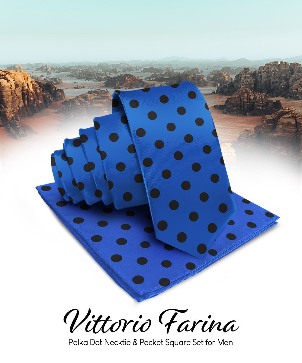 Polka Dot Necktie & Pocket Square by Vittorio Farina (NH - PD_18_BLACK_ROYAL) for Independent Retail Stores by Dubal Brothers