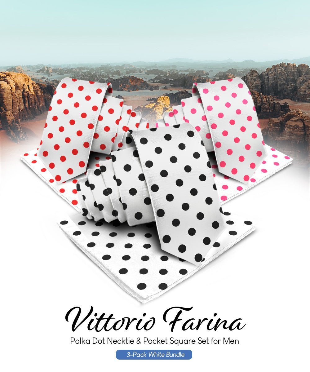 Polka Dot Necktie & Pocket Square (Multipacks) by Vittorio Farina - White and Black/White and Red/White and Hot Pink - Wholesale Necktie & Pocket Square by Dubal Brothers