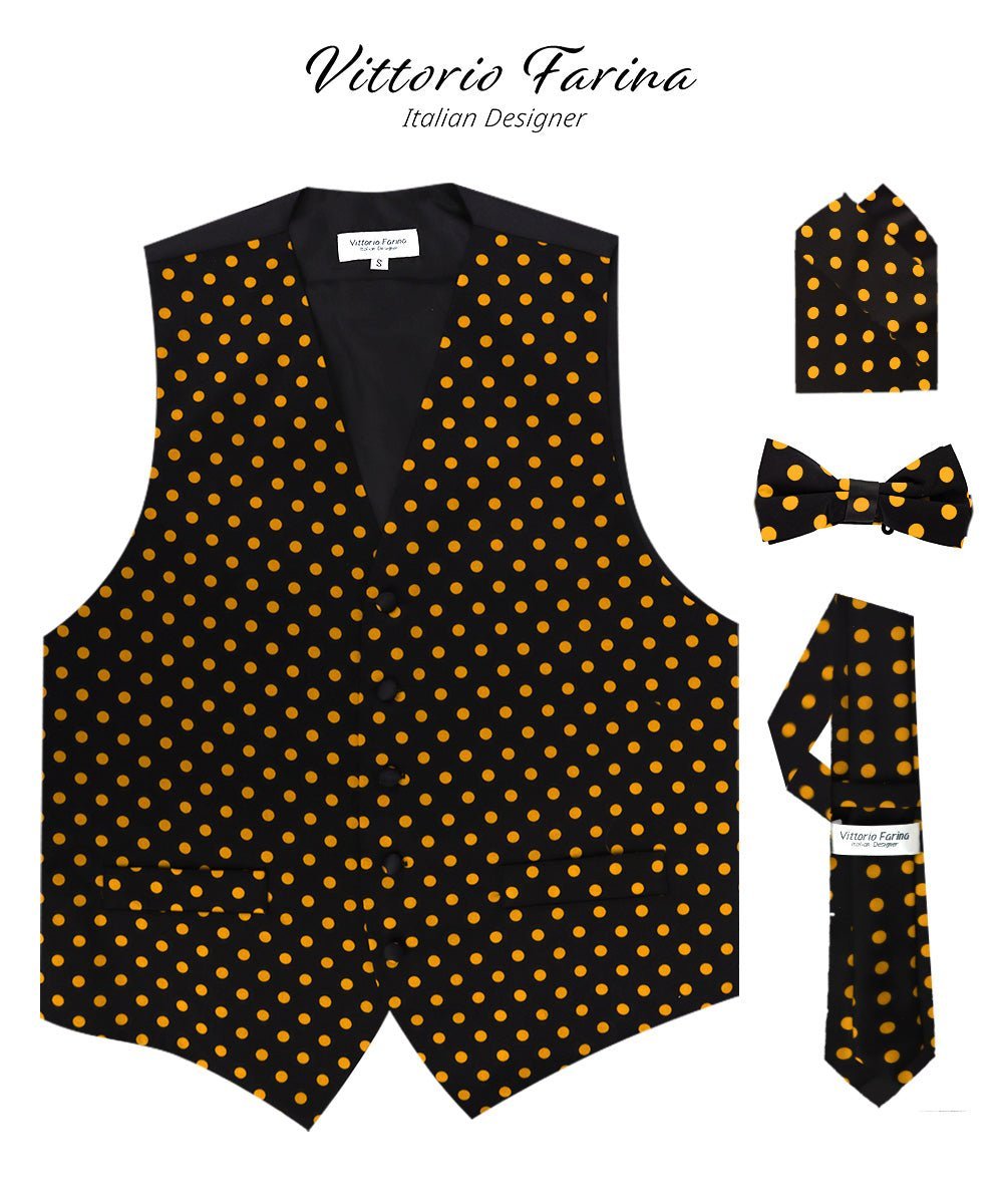 Polka Dot Vest Set (Vest, Bow Tie, Necktie and Pocket Square) by Vittorio Farina (vest_polkadot_BB_blackgold_S) for Independent Retail Stores by Dubal Brothers