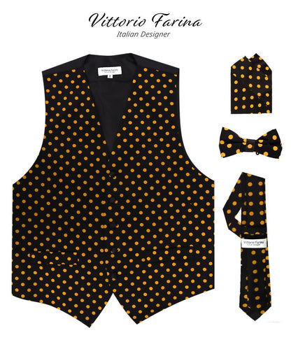 Polka Dot Vest Set (Vest, Bow Tie, Necktie and Pocket Square) by Vittorio Farina (vest_polkadot_BB_blackgold_S) for Independent Retail Stores by Dubal Brothers