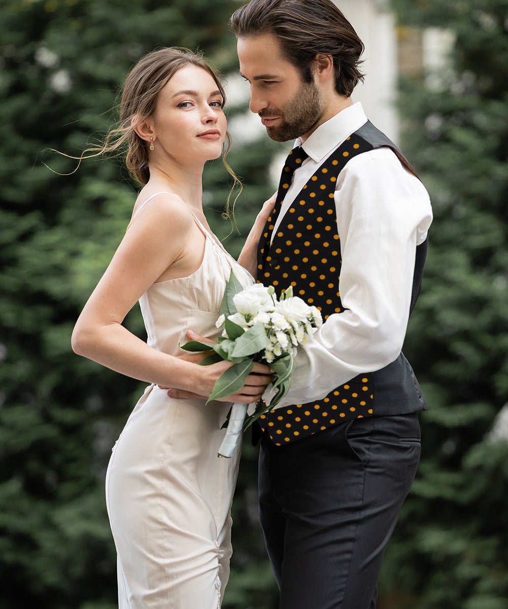 Polka Dot Vest Set (Vest, Bow Tie, Necktie and Pocket Square) by Vittorio Farina (vest_polkadot_BB_blackgold_S) for Independent Retail Stores by Dubal Brothers