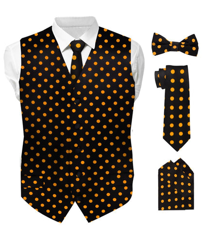 Polka Dot Vest Set (Vest, Bow Tie, Necktie and Pocket Square) by Vittorio Farina (vest_polkadot_BB_blackgold_S) for Independent Retail Stores by Dubal Brothers