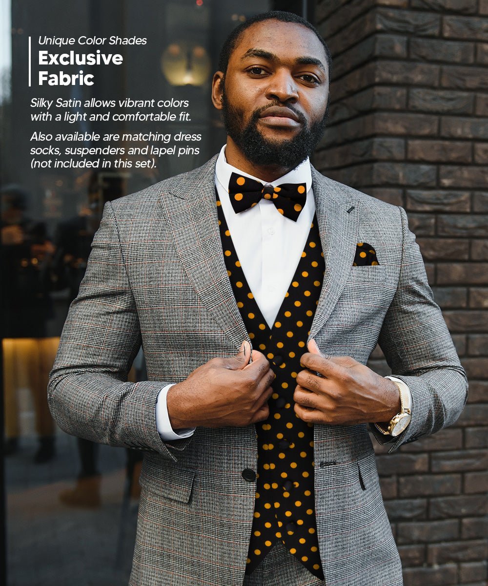 Polka Dot Vest Set (Vest, Bow Tie, Necktie and Pocket Square) by Vittorio Farina (vest_polkadot_BB_blackgold_S) for Independent Retail Stores by Dubal Brothers