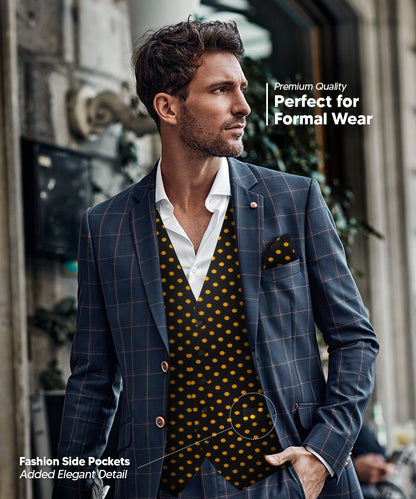 Polka Dot Vest Set (Vest, Bow Tie, Necktie and Pocket Square) by Vittorio Farina (vest_polkadot_BB_blackgold_S) for Independent Retail Stores by Dubal Brothers