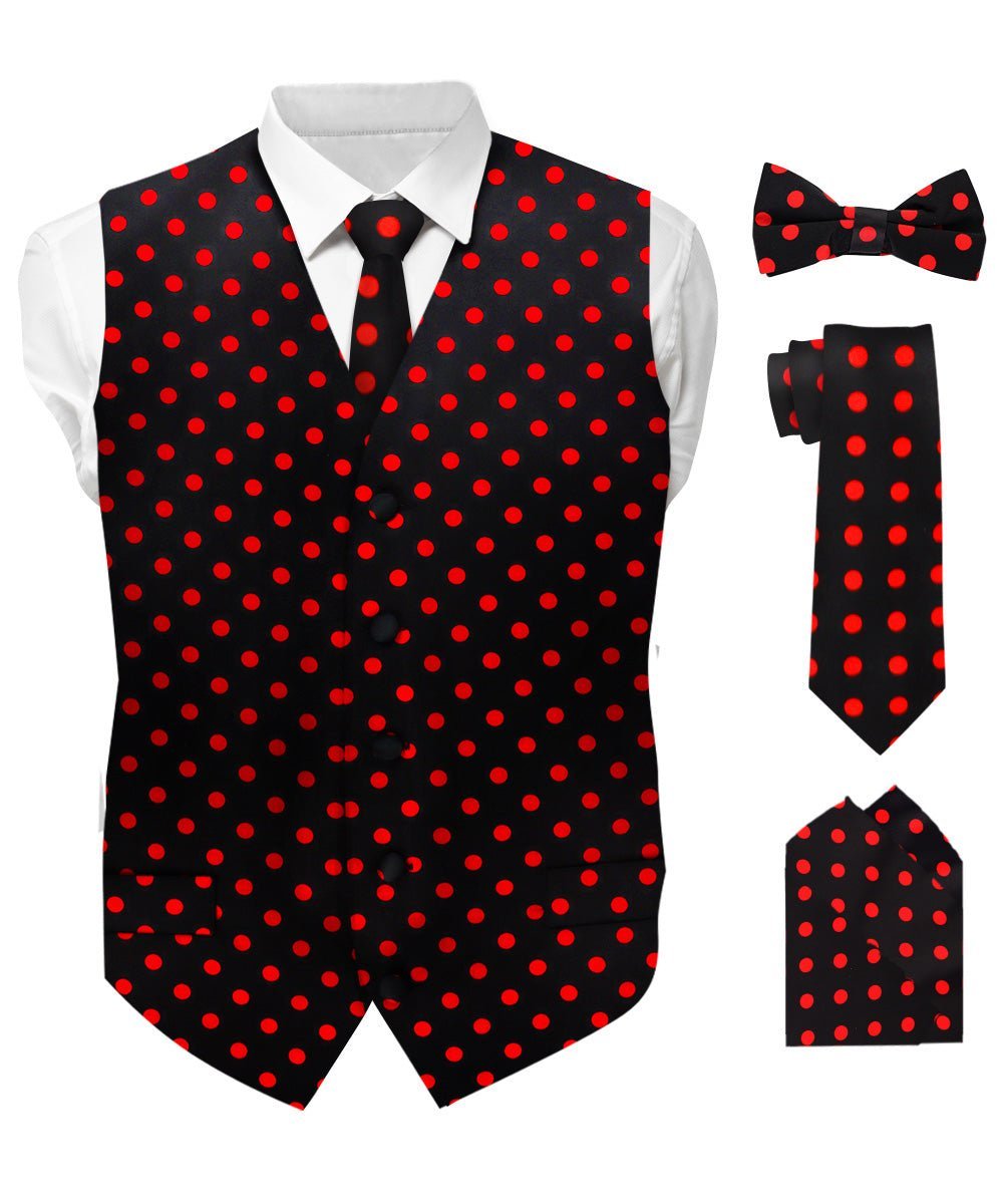 Polka Dot Vest Set (Vest, Bow Tie, Necktie and Pocket Square) by Vittorio Farina (vest_polkadot_BB_blackred_S) for Independent Retail Stores by Dubal Brothers